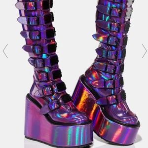 Dolls Kill - Purple holographic patent Trinity Boots - SIZE 6